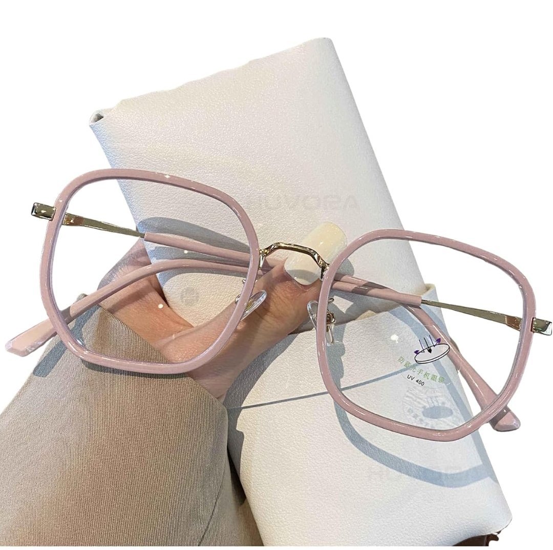 Women's Oversized Square Acetate Eyeglass Frames with Gold Metal Temples - Light Pink - Image 4