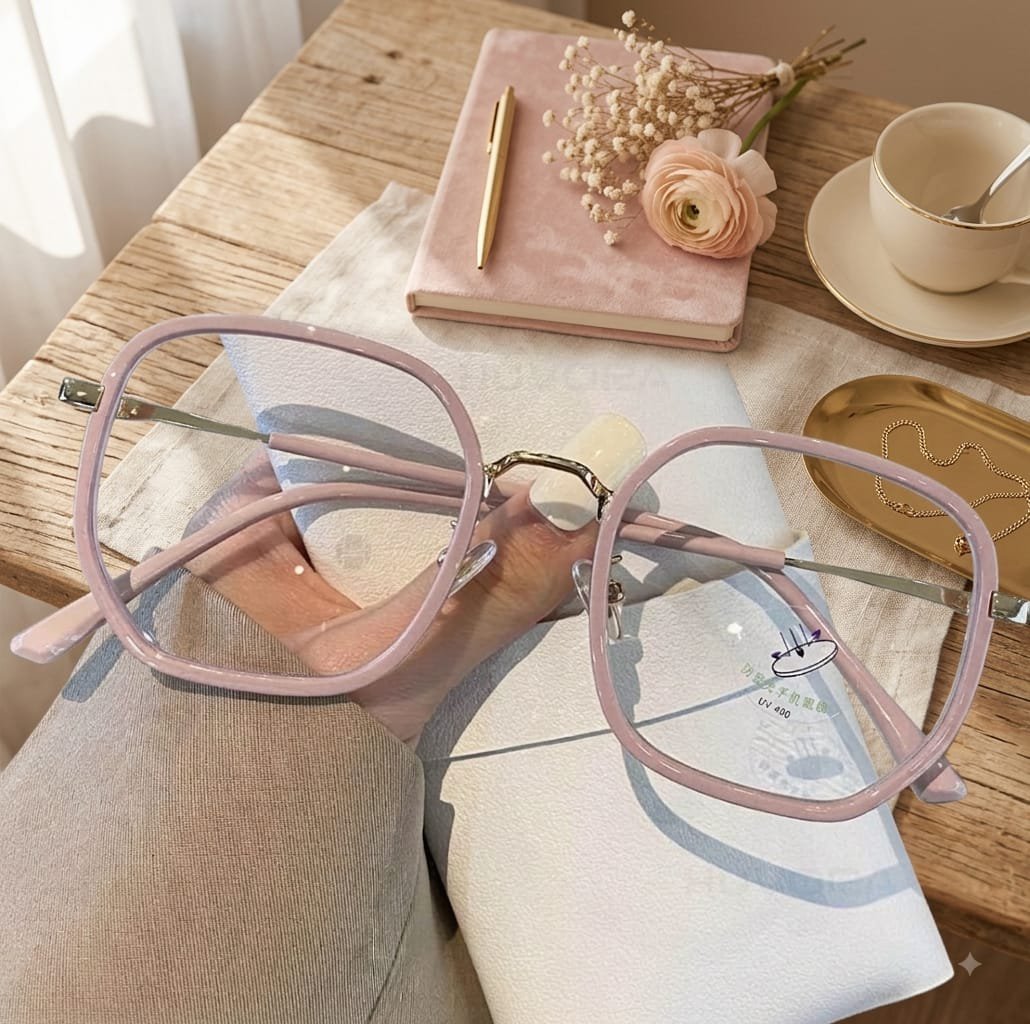 Women's Oversized Square Acetate Eyeglass Frames with Gold Metal Temples - Light Pink - Image 9