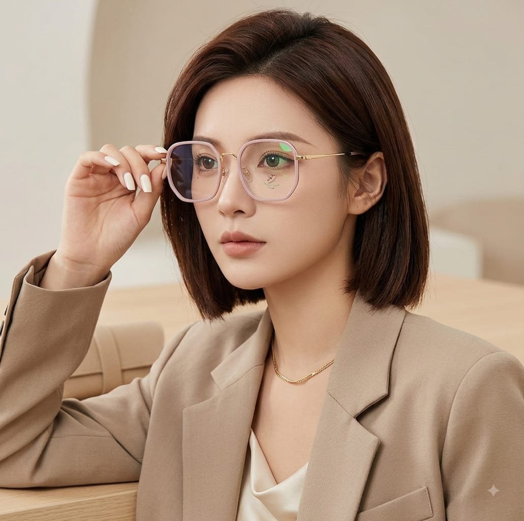 Women's Oversized Square Acetate Eyeglass Frames with Gold Metal Temples - Light Pink - Image 3